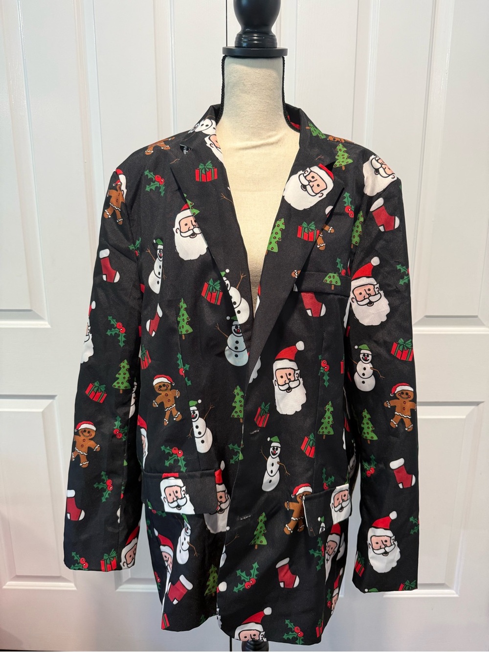 Men's Black Holiday Print Blazer with Santa & Snowman